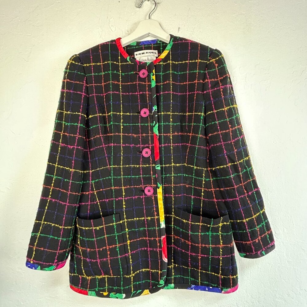 Vintage David Hayes Neiman Marcus Womens Plaid Jacket Black Multicolor Pockets
